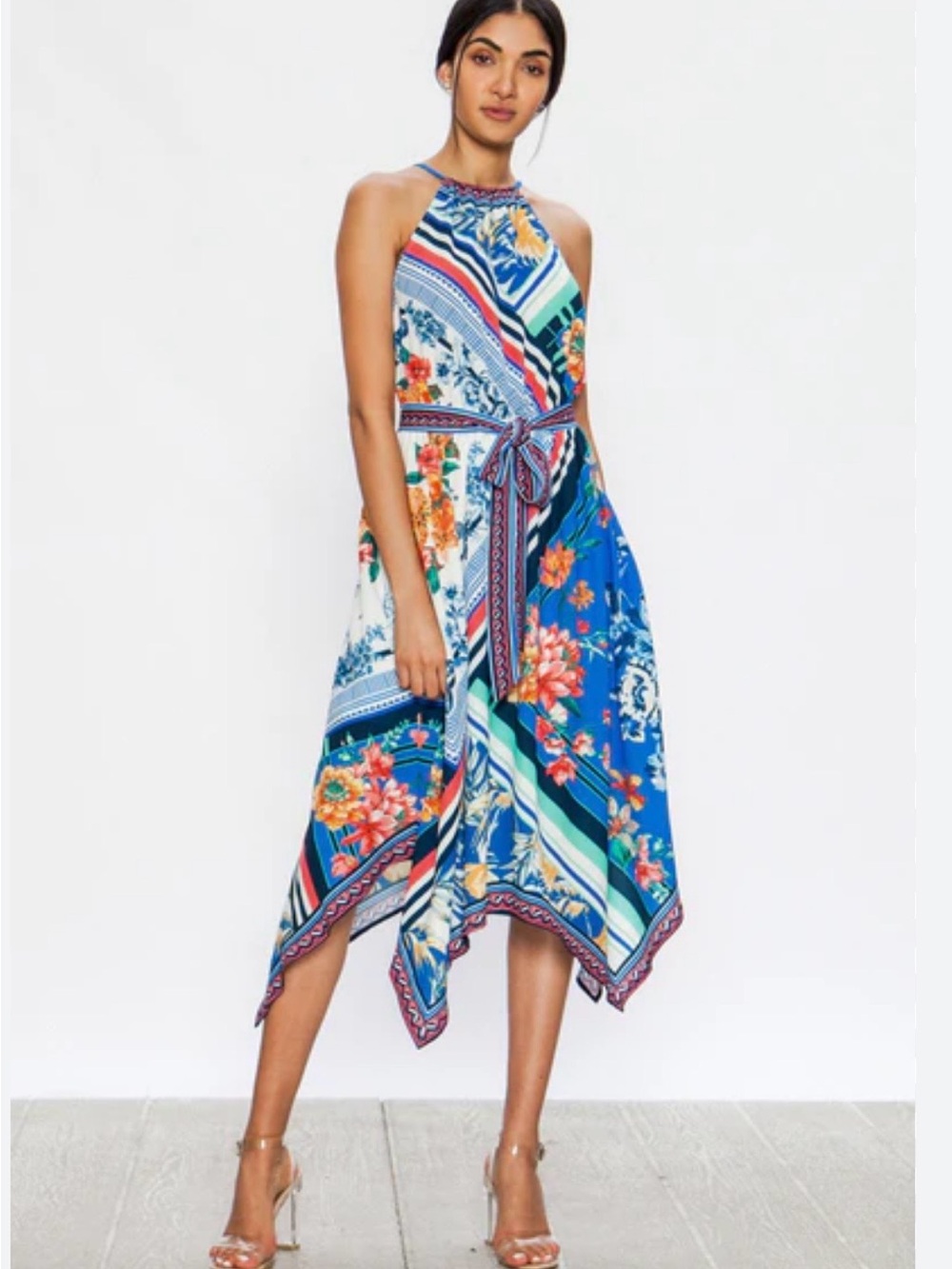 Impressions Blue Multicolor Halter Handkerchief Hem Dress